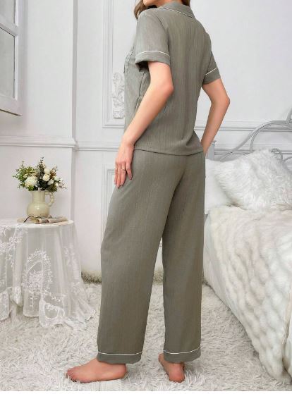 Coupled Up Ladies' Pocket Teddy Bear Embroidery Contrast Trim Short Sleeve Top And Pants Pajama Set