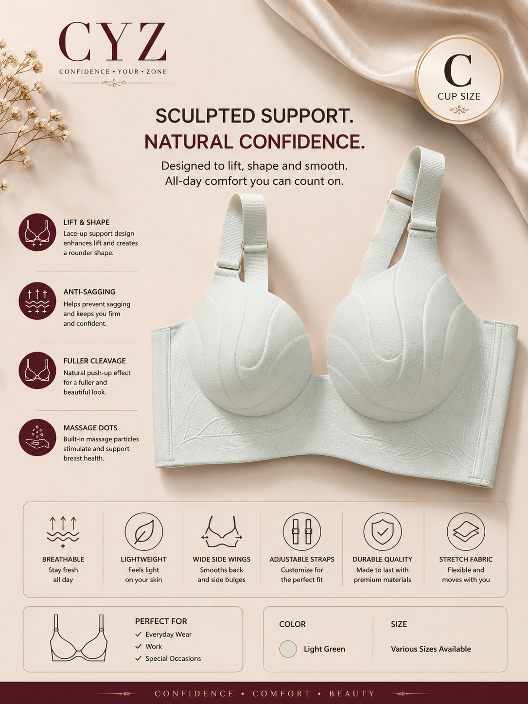 CYZ Seamless Push-Up Bra for Women – C Cup | Wireless Sculpting Support, Full Coverage & All-Day Comfort