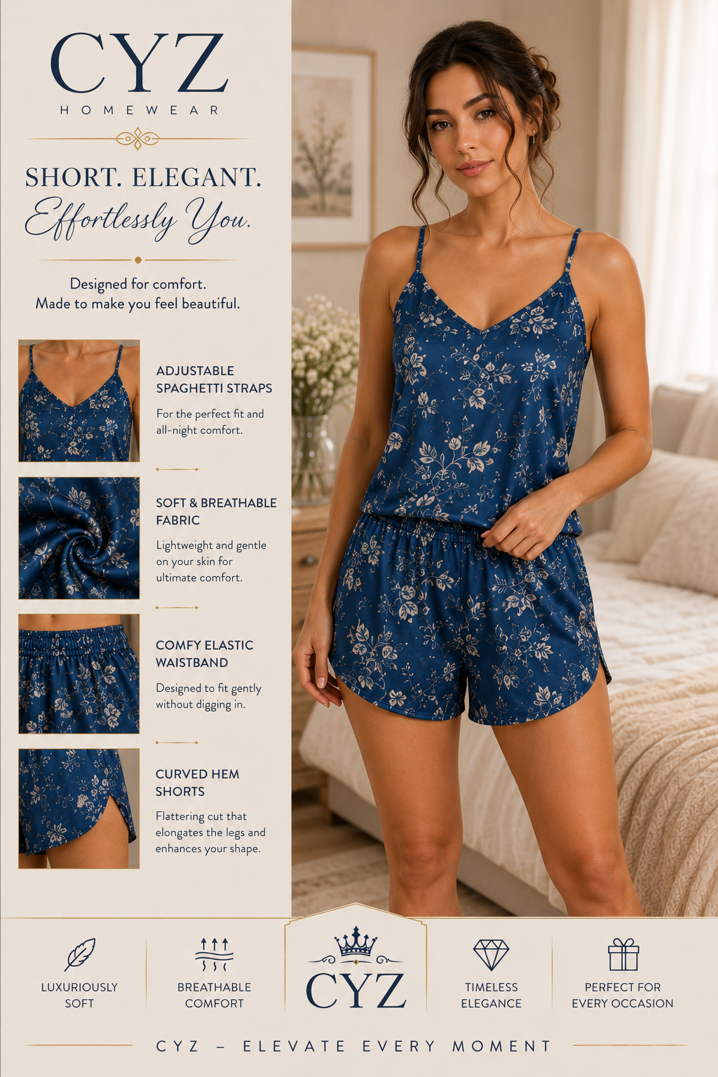 CYZ Premium Satin Floral Short Pajama Set – Soft Luxury Sleepwear