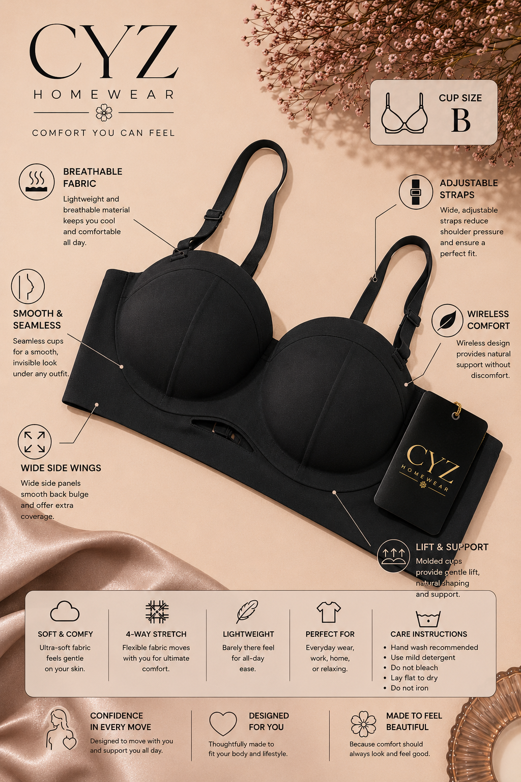CYZ Wireless Bra Seamless Comfort Natural Lift • Cup B