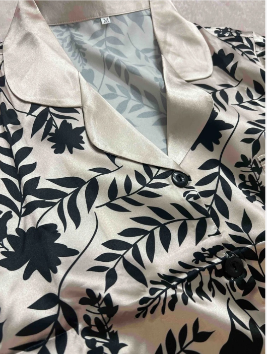 LuxeNights Pocket Alphabet And Location Printed Imitation Silk Plant Floral Pajama Set