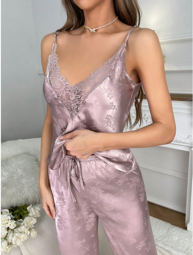 SilkySpell Floral Jacquard Contrast Lace Satin Cami Top & Pants PJ Set / Pajama Set