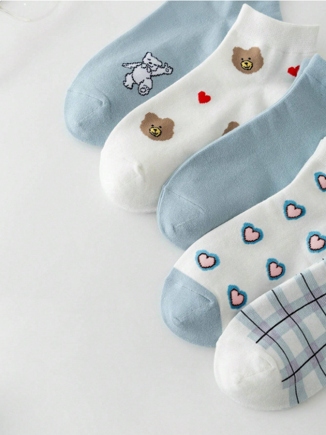 1/5pairs Cute Cartoon Bear And Heart Design Comfortable Short Socks