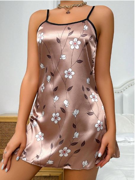 Floral Print Contrast Binding Satin Cami Nightdress