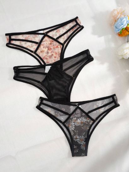 SHEIN Underwear & Sleepwear Basics 3packs Floral Print Mesh Cut Out Panties Lingerie