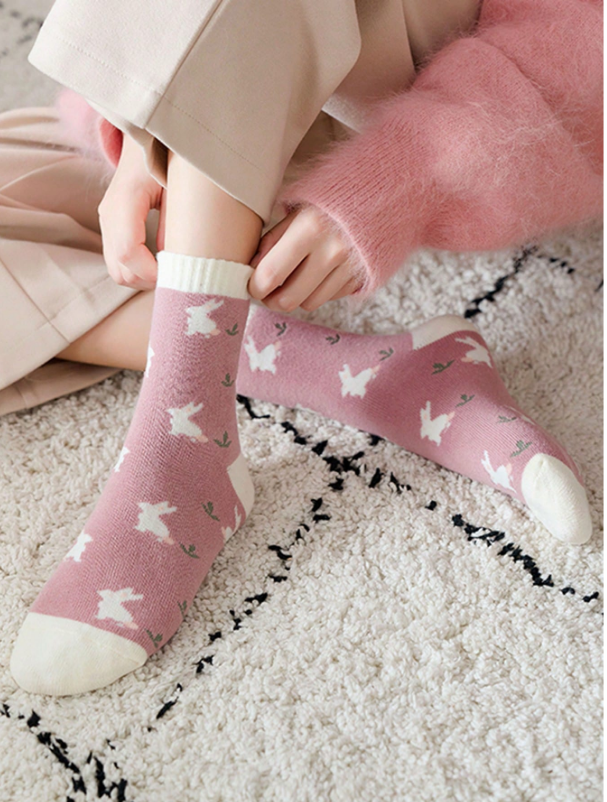 5pairs/set Women's Thickened Fleece Socks, Pink, For Winter, Spring, Autumn Warmth