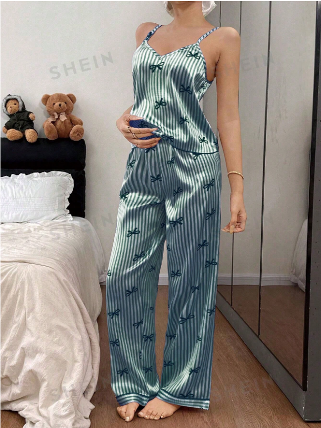 Napfluff Bow Tie & Striped Print Faux Silk Camisole & Pants Women Pajama Set