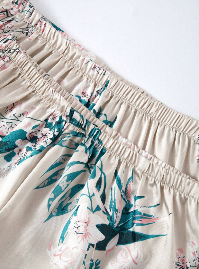 LuxeNights 7pcs Floral Print Satin Pajama Set, Fall Winter Clothes Cozy And Elegant Details