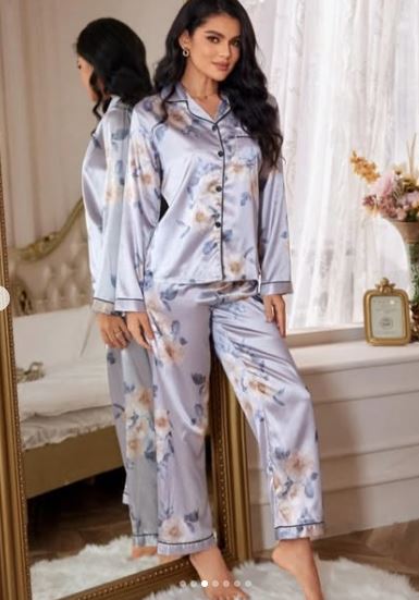 Luxe Nights Floral Print Contrast Piping Satin Blouse & Pants PJ Set / Pajama Set (Copy)