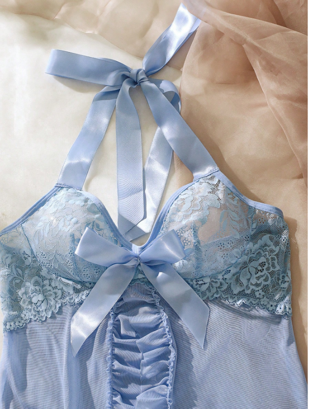 Contrast Lace Ruffle Trim Babydoll Sexy Lingerie Dress With Thong