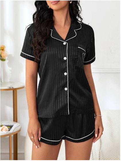 Striped Jacquard Contrast Piping Satin PJ Set / Pajama Set