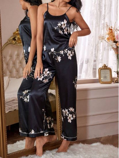 Luxe Nights Floral Print Contrast Piping PJ Set / Pajama Set