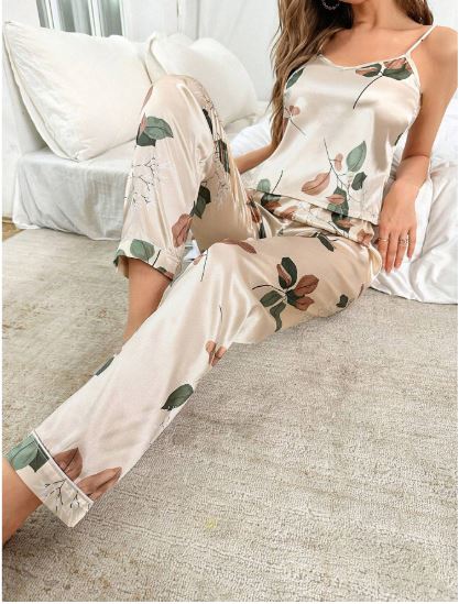 CoupledUp Floral Print Satin Cami Top & Pants PJ Set / Pajama Set