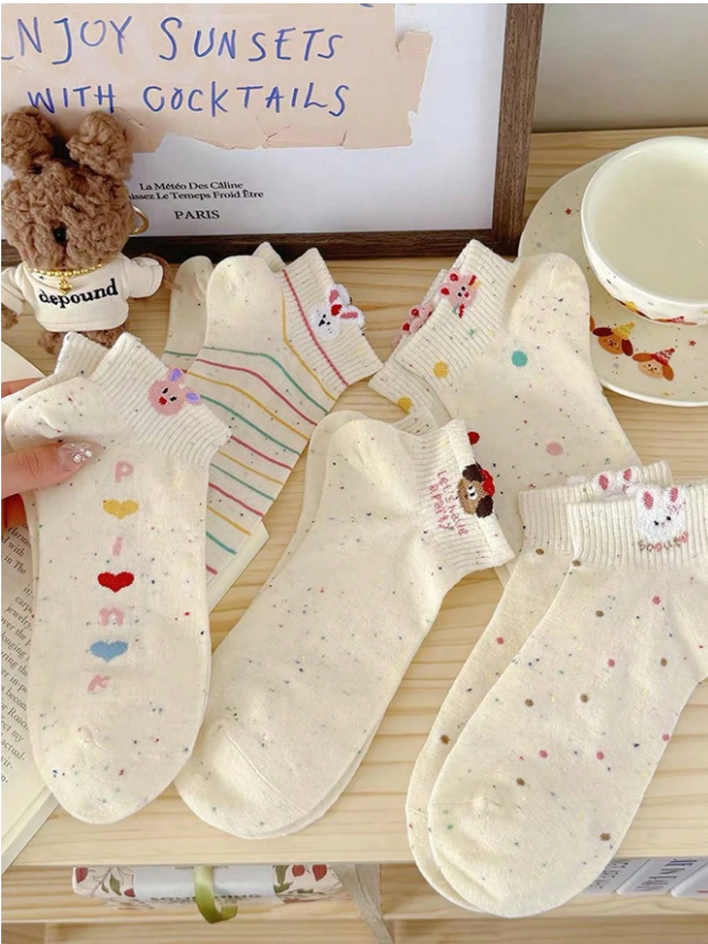 5 Pairs Of Women's Socks, Cute Cartoon Socks, Spring And Autumn Low Vamp Boat Socks Suitable For Daily Wear