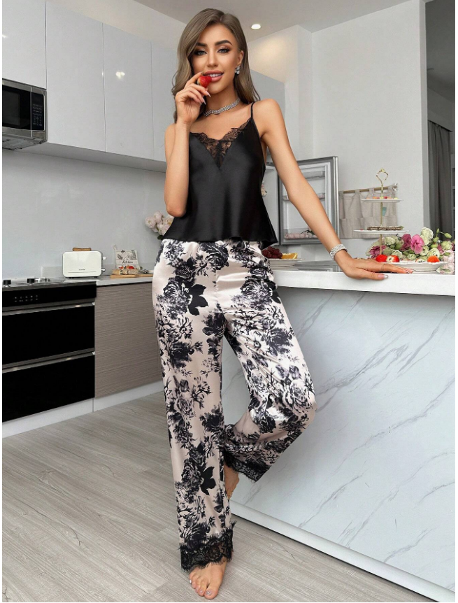 LuxeNights Ladies' Lace Trimmed Spaghetti Strap Top & Printed Pants Pajama Set