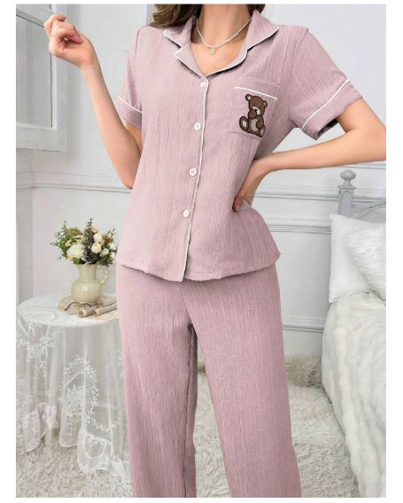 Coupled Up Ladies' Pocket Teddy Bear Embroidery Contrast Trim Short Sleeve Top And Pants Pajama Set