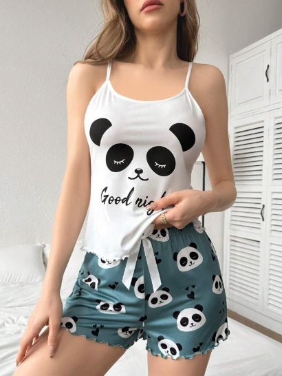 Ladies' Panda & Letter Print Cami Top And Shorts Pajama Set