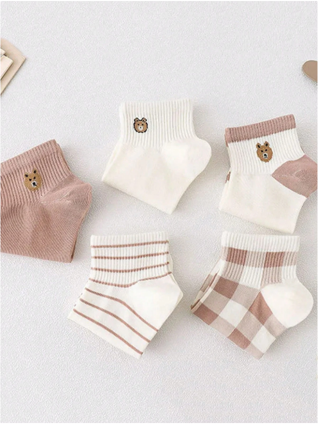 5 Pairs Socks Women's Summer Thin Short Socks Cartoon Bear Stripe Boat Socks Japanese Breathable Short Tube Women's Socks