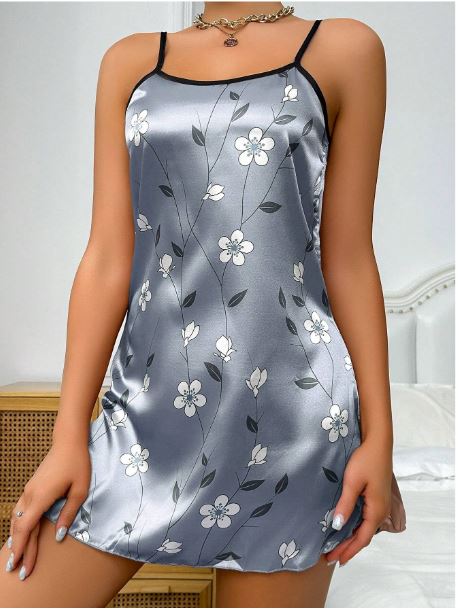 Floral Print Contrast Binding Satin Cami Nightdress
