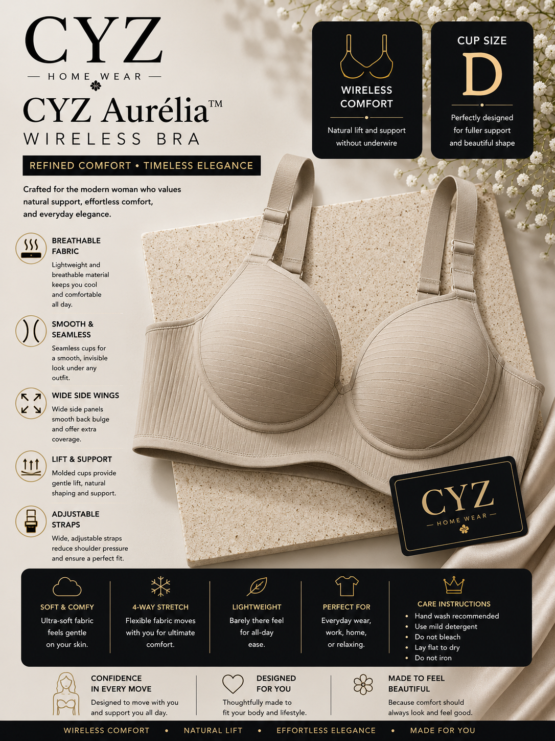 Premium Seamless Support Bra with Natural Lift, Wide Side Coverage & All-Day Comfort