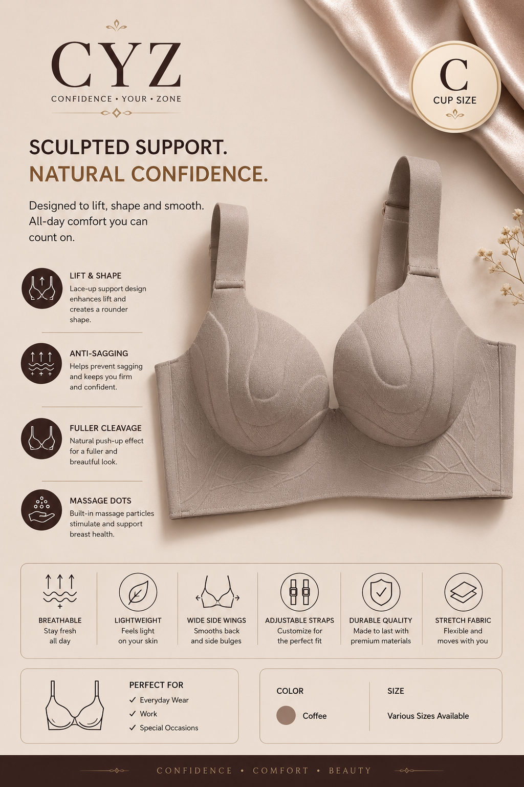 CYZ Seamless Push-Up Bra for Women – C Cup | Wireless Sculpting Support, Full Coverage & All-Day Comfort