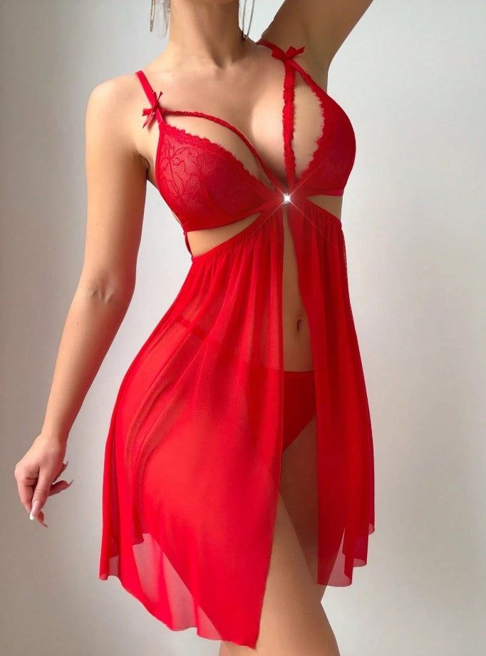 2pcs Set Romantic Lace Patchwork Sexy Nightgown