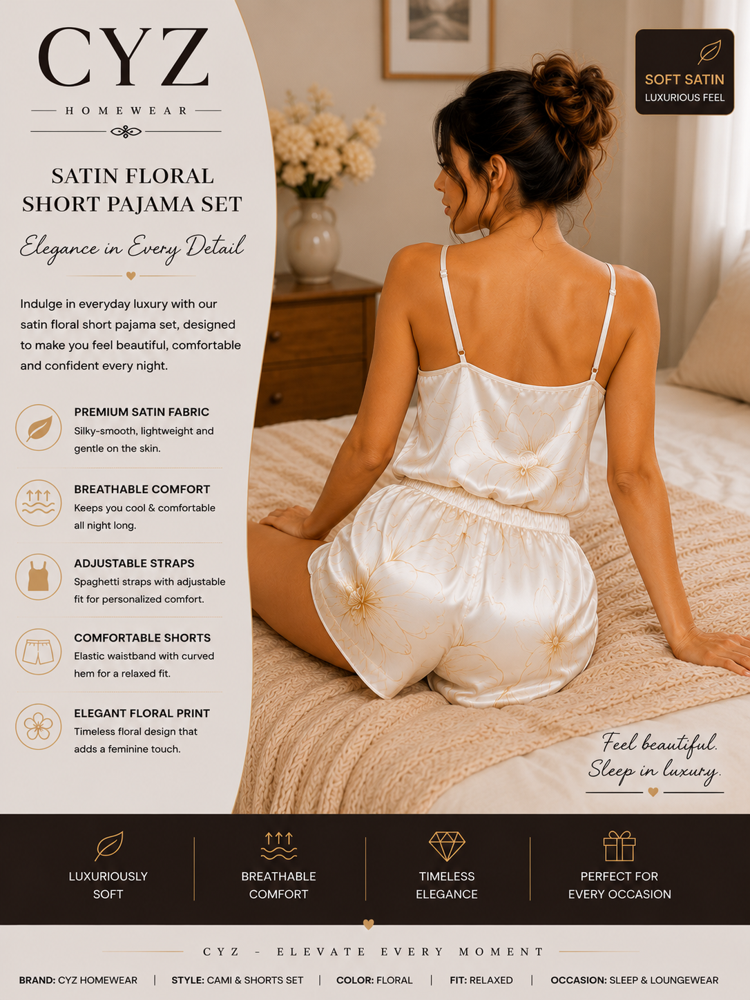 CYZ Moonlight Blossom Satin Pajama Set