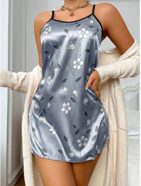 Floral Print Contrast Binding Satin Cami Nightdress