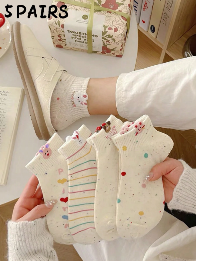 5 Pairs Of Women's Socks, Cute Cartoon Socks, Spring And Autumn Low Vamp Boat Socks Suitable For Daily Wear