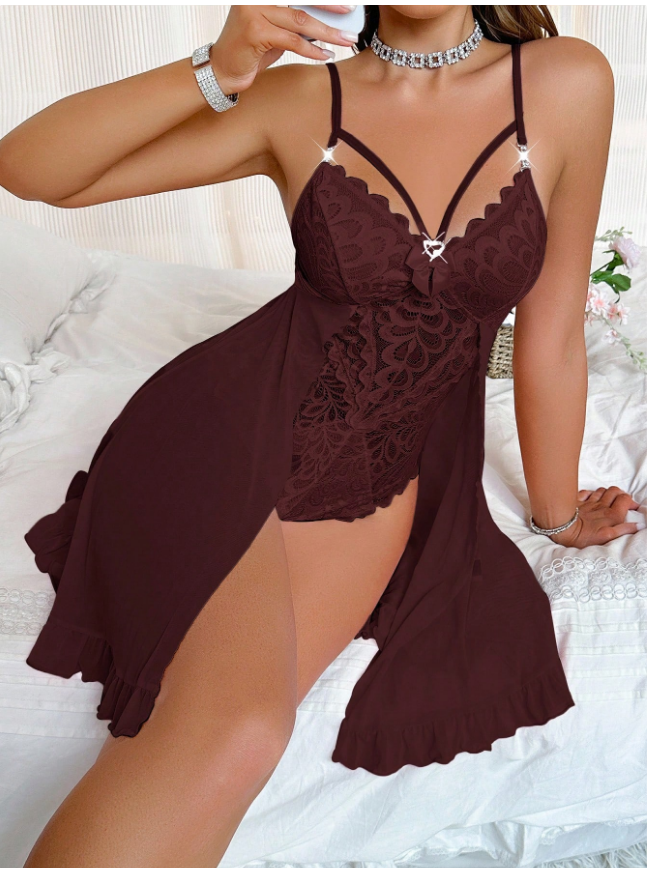 SHEIN Sheer Mesh Patchwork Lace Sexy Lingerie Jumpsuit For Women Lace Lingerie Lingerie Dress Night Gown Side Slit Lingerie Spaghetti Strap Lingerie