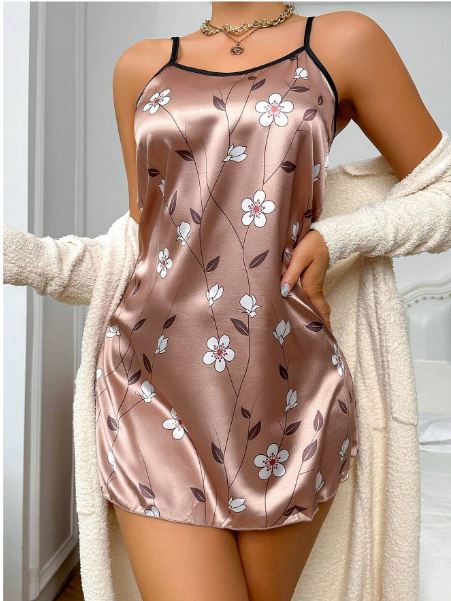 Floral Print Contrast Binding Satin Cami Nightdress