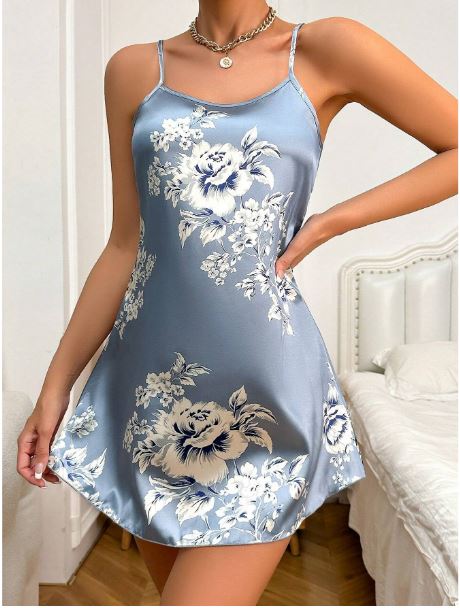Sleeveless Spaghetti Strap Sleep Dress With Printed Floral Design, Silky Texture