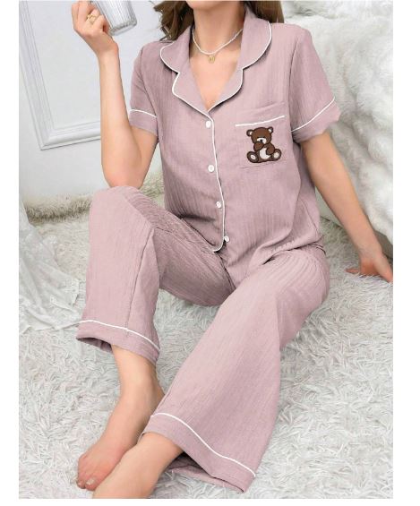 Coupled Up Ladies' Pocket Teddy Bear Embroidery Contrast Trim Short Sleeve Top And Pants Pajama Set