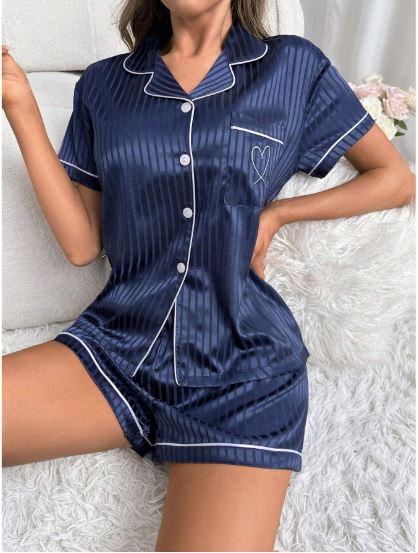Striped Jacquard Contrast Piping Satin PJ Set / Pajama Set