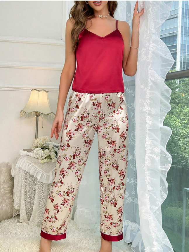 Floral Print Satin Cami Top & Pants PJ Set / Pajama Set