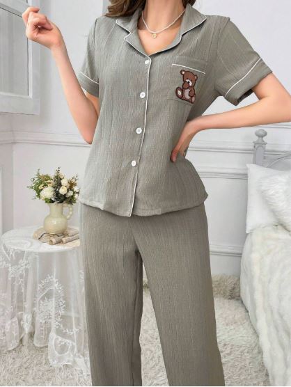 Coupled Up Ladies' Pocket Teddy Bear Embroidery Contrast Trim Short Sleeve Top And Pants Pajama Set