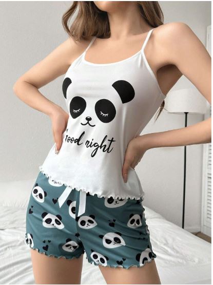 Ladies' Panda & Letter Print Cami Top And Shorts Pajama Set