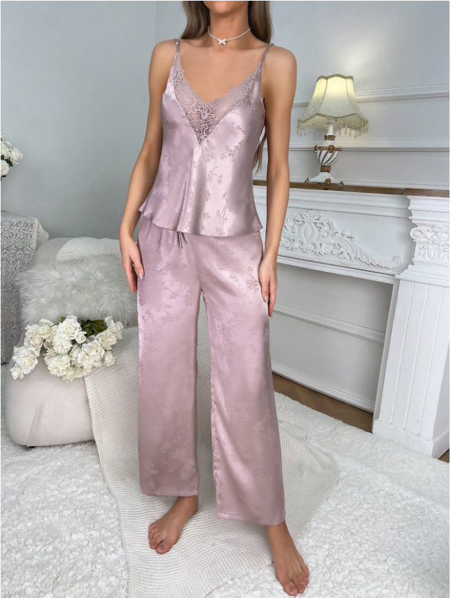 SilkySpell Floral Jacquard Contrast Lace Satin Cami Top & Pants PJ Set / Pajama Set