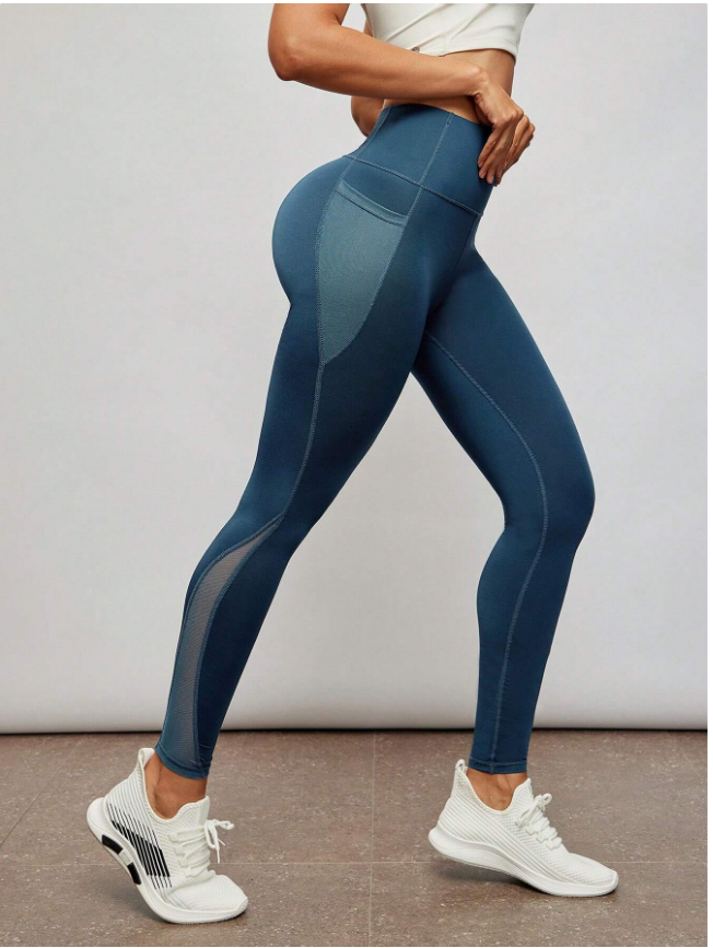 Activina Running Tights Contrast Mesh Wide Waistband Sports Leggings With Side Pocket Yoga Women Pants