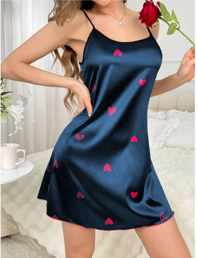 Summer Heart Printed Satin Cami Sleep Dress Pajama Dress