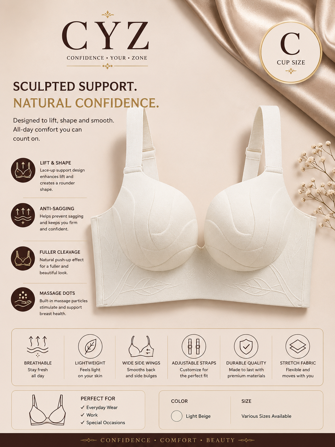 CYZ Seamless Push-Up Bra for Women – C Cup | Wireless Sculpting Support, Full Coverage & All-Day Comfort