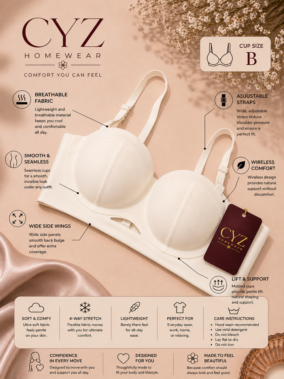 CYZ Wireless Bra Seamless Comfort Natural Lift • Cup B