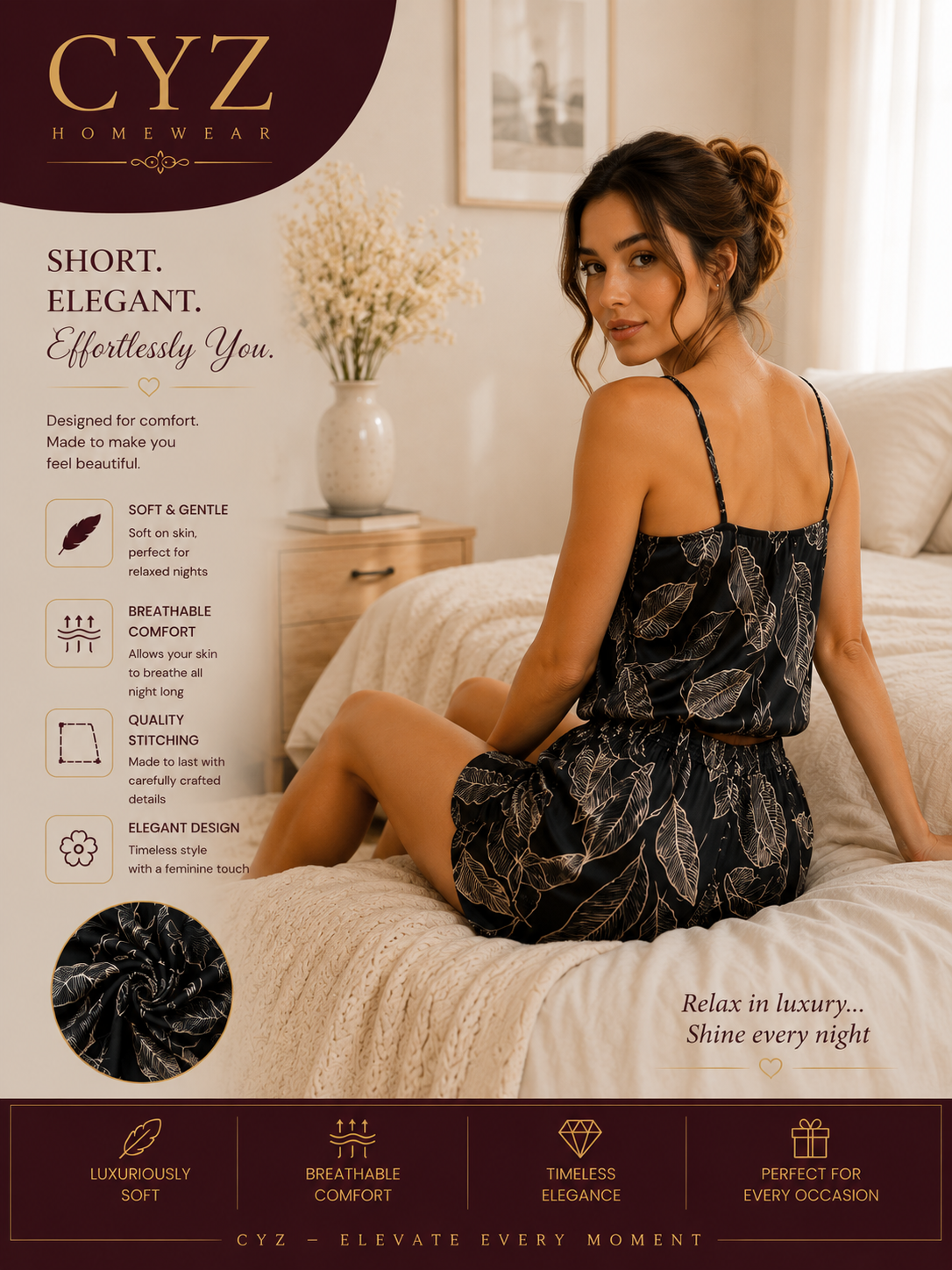 CYZ Botanical Satin Lounge Set – Soft & Breathable Nightwear