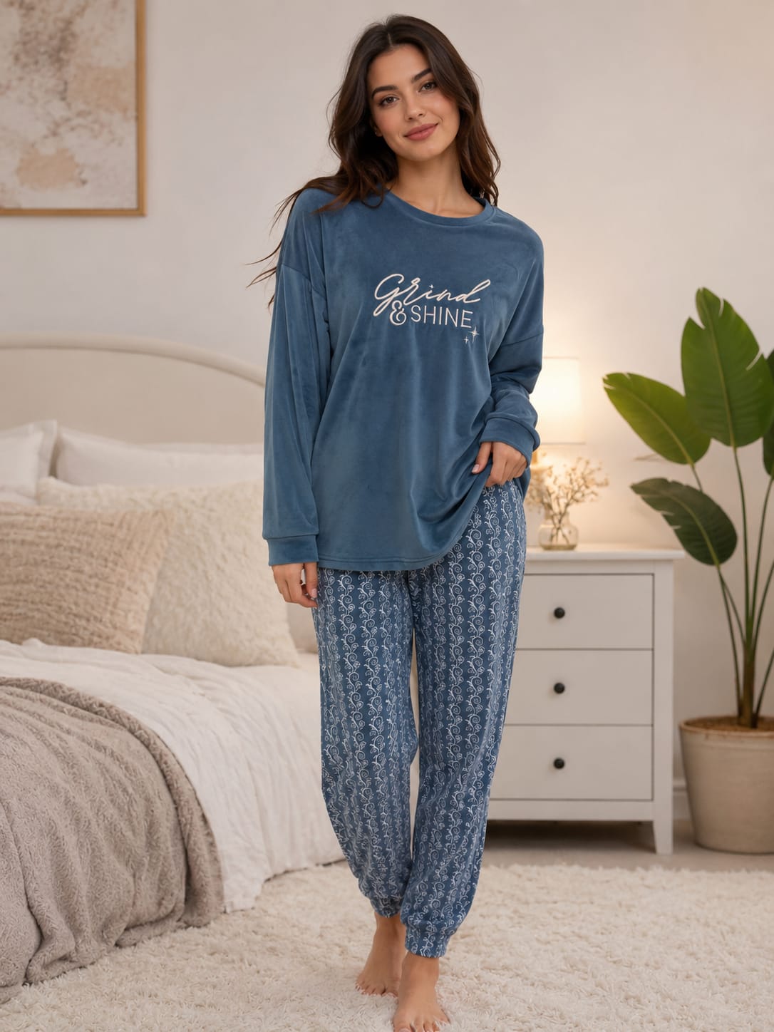 women’s plush velvet pajama set, featuring a long-sleeve top