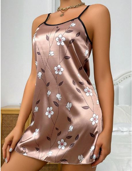 Floral Print Contrast Binding Satin Cami Nightdress
