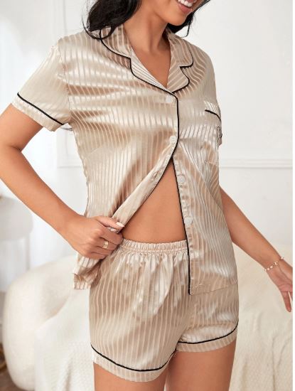 Striped Jacquard Contrast Piping Satin PJ Set / Pajama Set