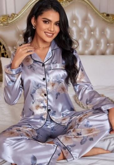 Luxe Nights Floral Print Contrast Piping Satin Blouse & Pants PJ Set / Pajama Set (Copy)