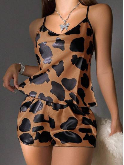 Cow Print Satin PJ Set / Pajama Set