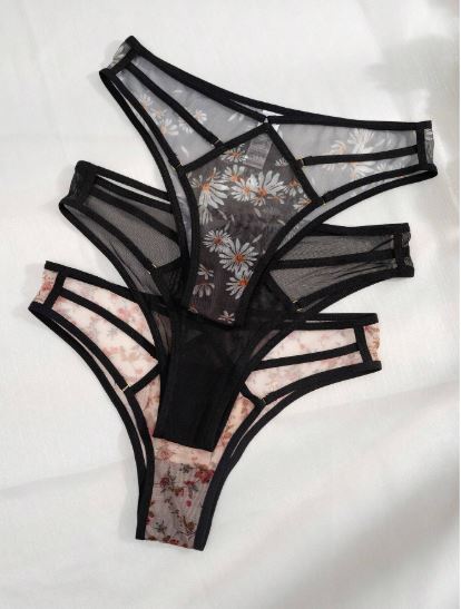 SHEIN Underwear & Sleepwear Basics 3packs Floral Print Mesh Cut Out Panties Lingerie