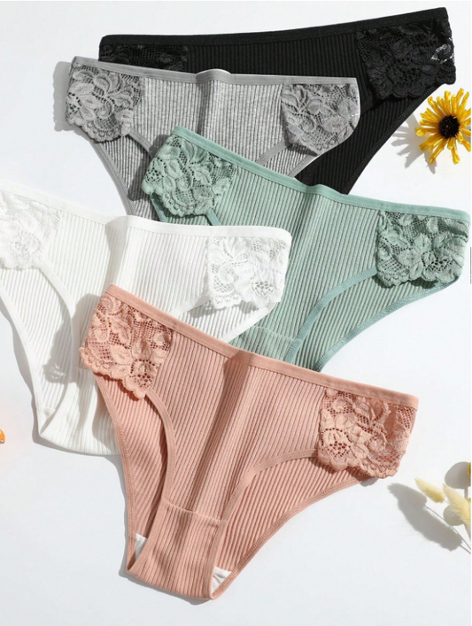 5pcs/Pack New Threaded Women's Triangle Panties, Solid Color Low Waist Breathable Double-Layered Crotch Lace Underwear